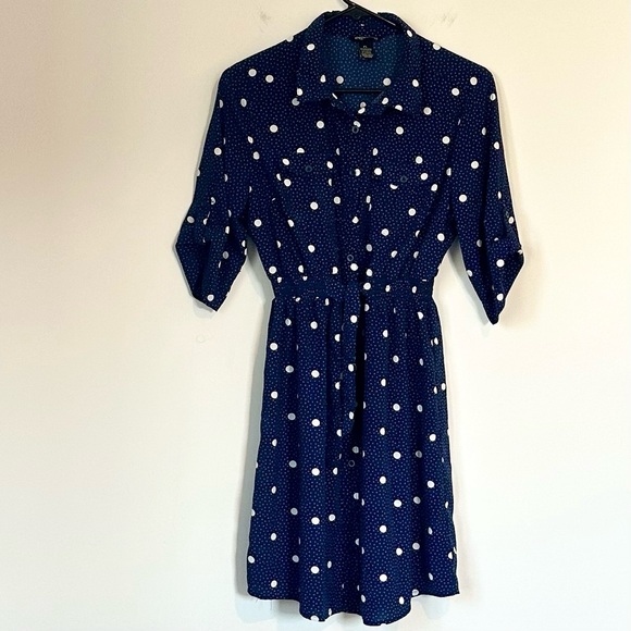 Millenium Dresses & Skirts - Elegant Navy Polka Dot Long Sleeve Dress - Size: Petite Large